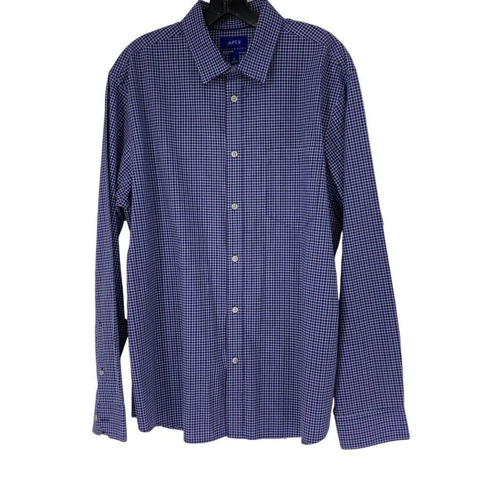 Mens Button Shirt APT 9 XL Check Cotton Blend Flex No Iron Relaxed Fit 3923